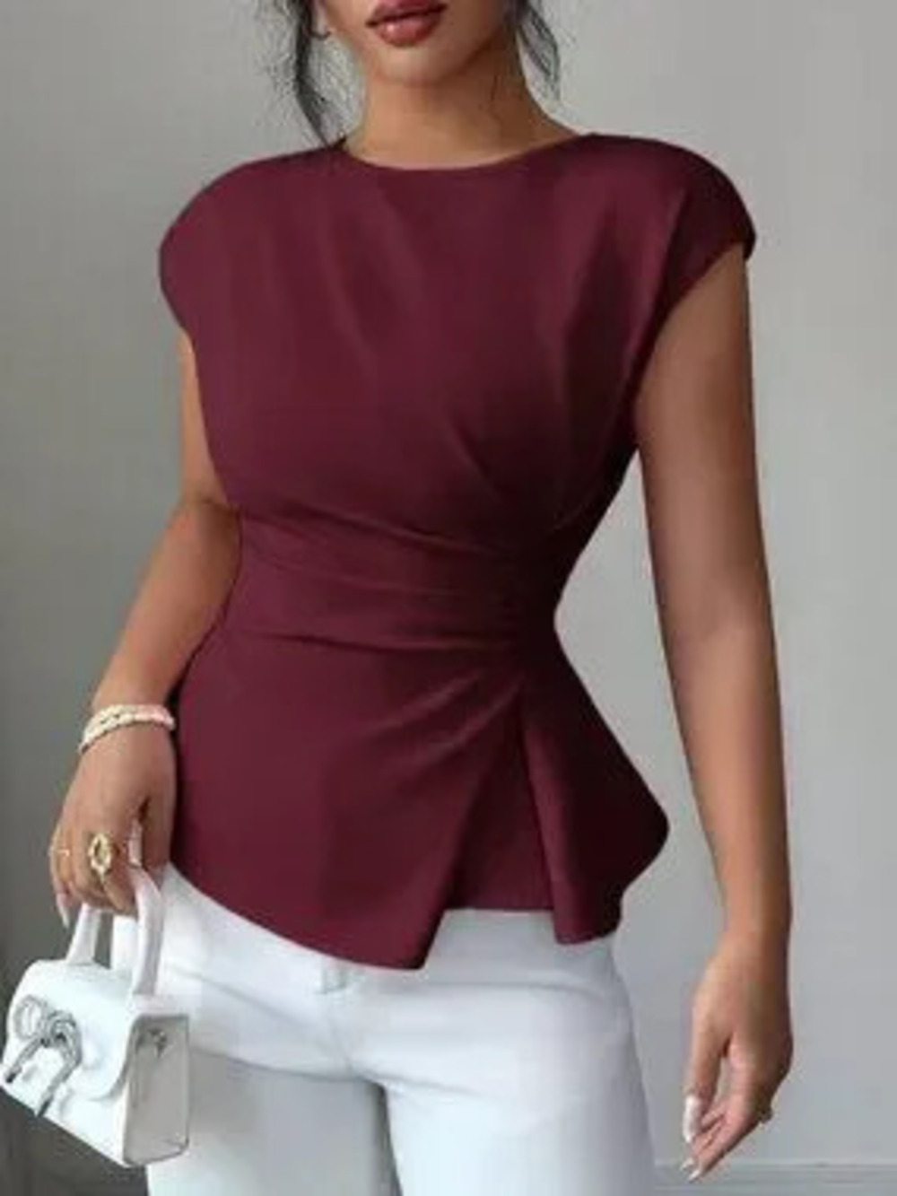 ZARA Burgundy Elegant Women's Neck Sleeveless Cinched Waist Blouse